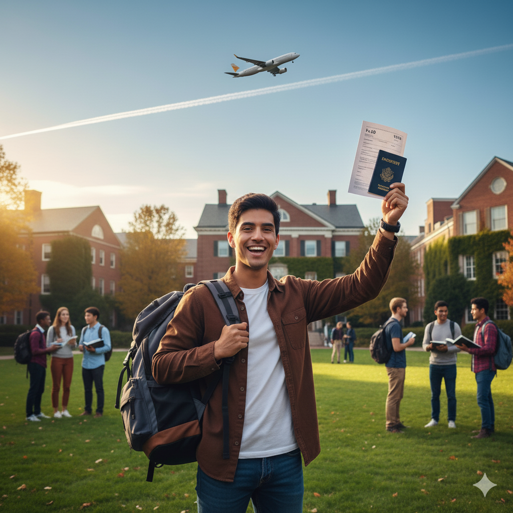 Happy student with passport and visa documents