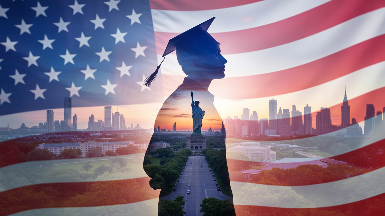 Graduate silhouette with American flag and Statue of Liberty